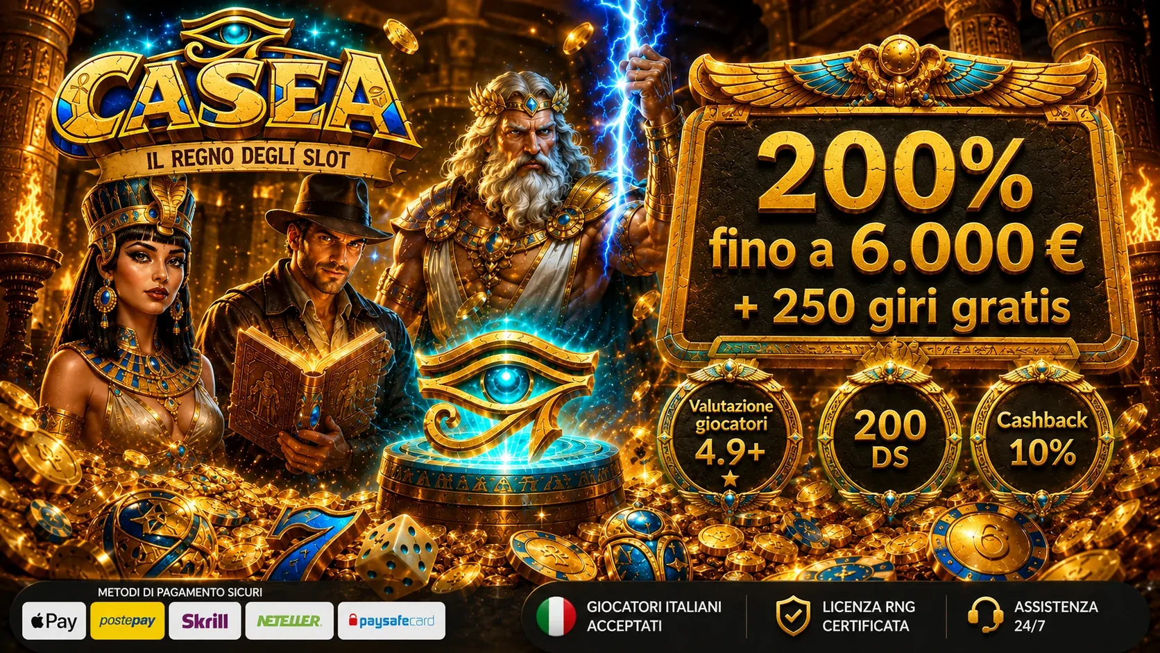 Bonus di benvenuto Casea: 200% fino a 6.000 € più 250 giri gratis